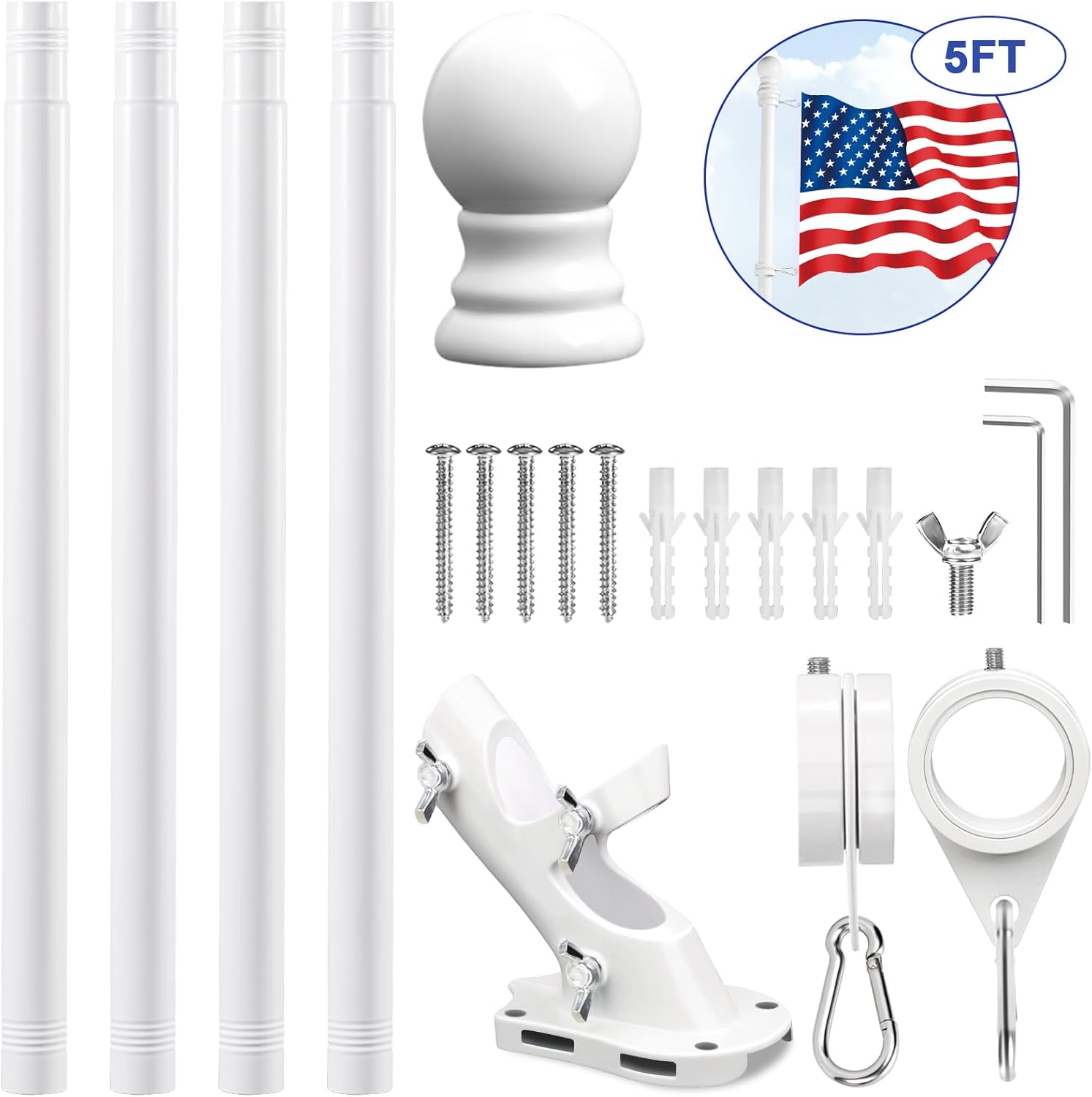 REERON House Flag Pole kit, 5 FT Metal Spinning Flag Poles Kit, 1" Tangle Free Stainless Steel Flagpole with 360° Flagpole Rings & 2-Position Bracket for Outside House Porch Wall Mount for 3x5 Flag - Image 2