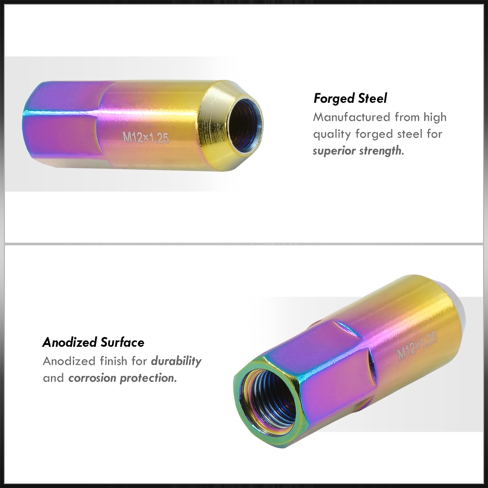 AJP Distributors 20 Piece Universal M12x1.25 60mm Open End Heavy Duty Steel Extended Lug Nuts, 20pc M12 x 1.25MM Lug Nut Set Wheels Rims JDM VIP Kit Neo Chrome