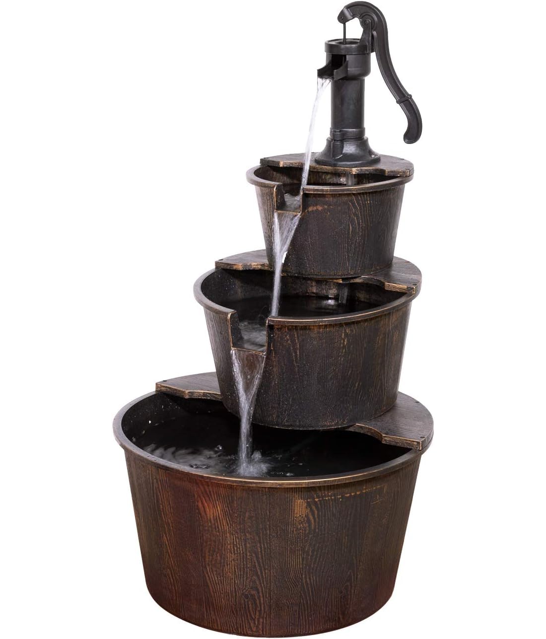 Alpine Corporation 40" Tall Outdoor Floor Tiered Rustic Pump and Barrel Water Fountain, Old-Fashioned Waterfall for Garden, Patio, Yard Decor, Dark Brown