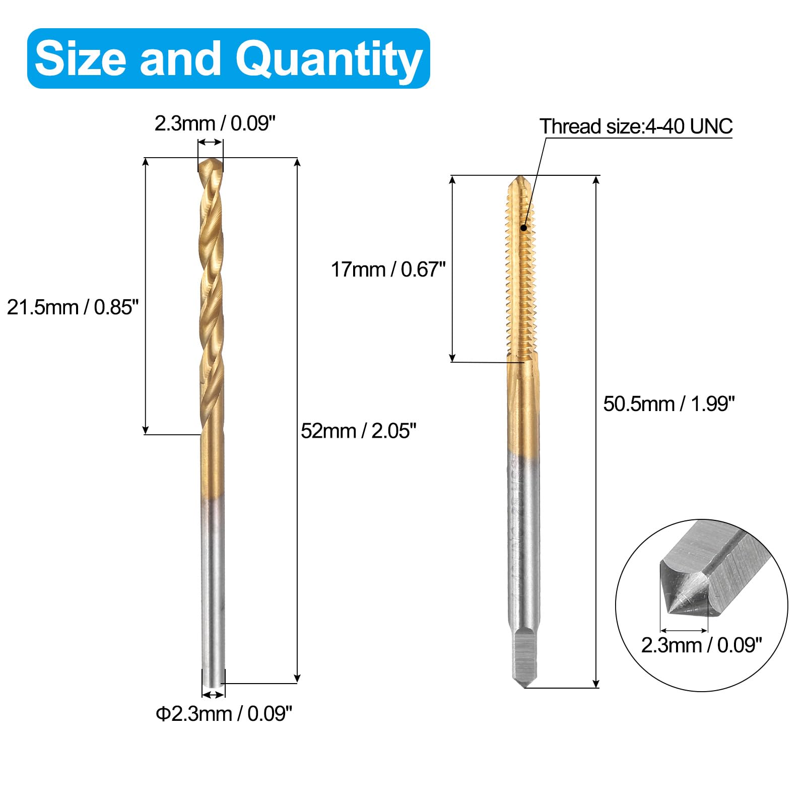 Set di Maschi e Punte da Trapano, 1 Maschio per Filettatura a scanalatura Dritta UNC 4-40 e 1 Punta elicoidale da 2,3 mm, Kit di Utensili per Filettatura HSS-6542 Rivestiti in Titanio