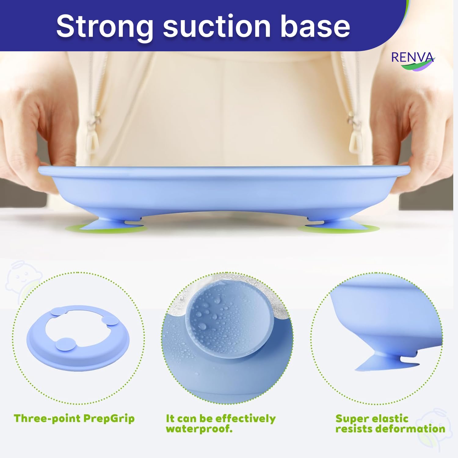 RENVA Stainless Steel Kids Plates Suction Plate for Baby,Divided Toddler Plates with Removable Silicone Sleeves for Mess-Free Feeding, Non-Toxic, Non-Slip (Blue, 1 Plate) 1