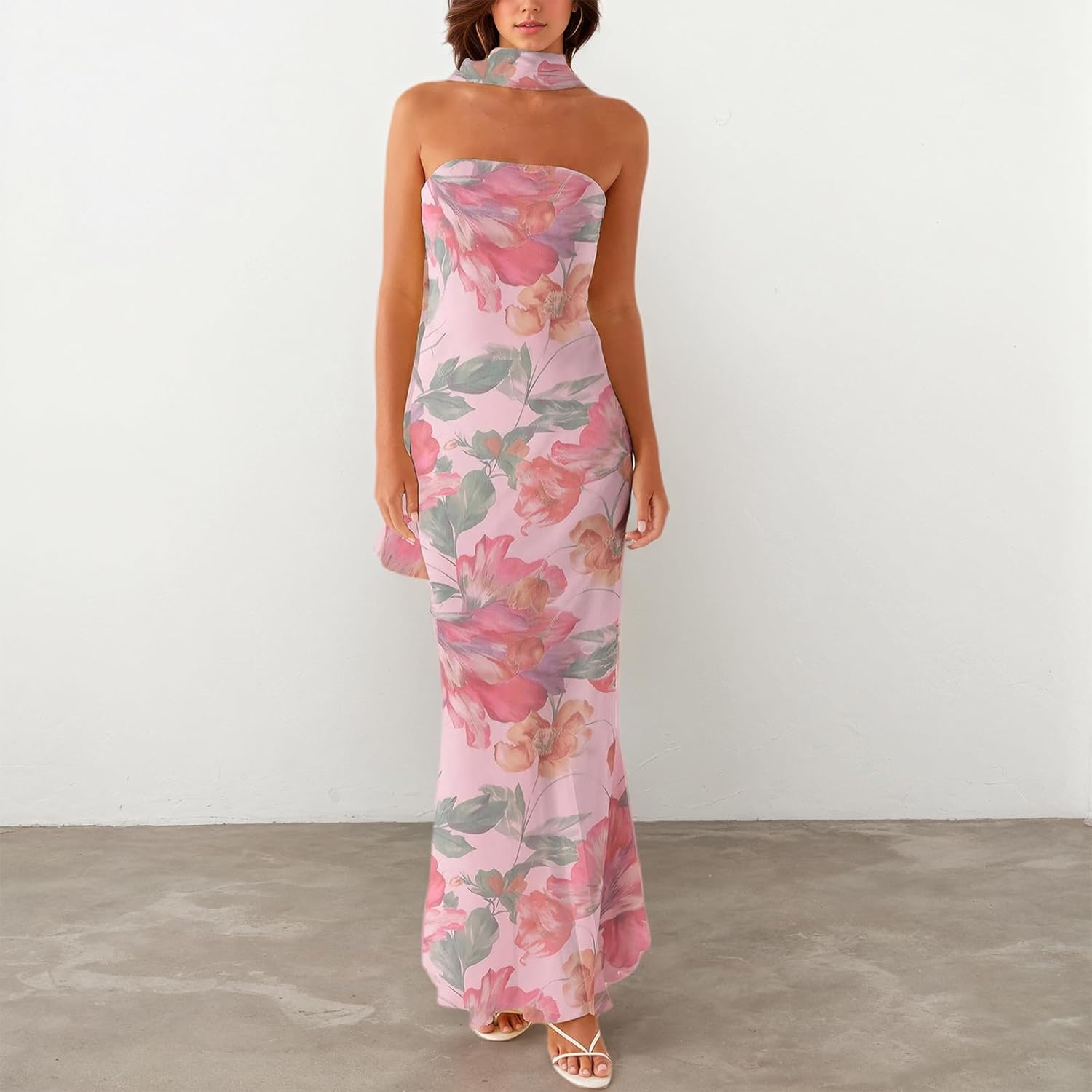 Womens Floral Strapless Dress Y2k Backless with Scarf Tube Maxi Long Dresses Sexy Mesh Bodycon Beachwear - Image 4