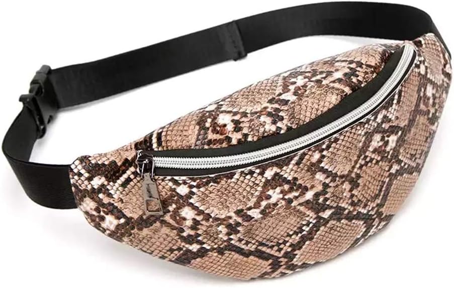 Korean Style SnakeSkin Sporting Fanny Pack Waist Bag Zipper Crossbody Purse Shoulder Bag for Woman & Girl (Khaki)