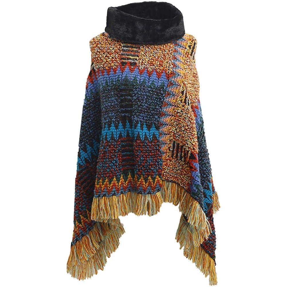 Fituenly Women's Gold Autumn Winter Capes Poncho With Fringe Crochet Cape National Pullover Knitted Cloak Warm Wool Shawl For