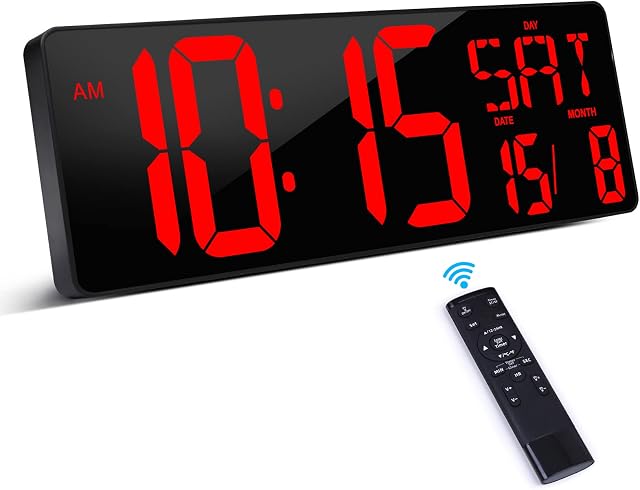 XREXS Large Digital Wall Clock with Remote Control, 16.5 Inch LED Large Display Count Up & Down Timer, Adjustable Brightness Alarm Clock with Day/Date/Temperature for Home, Gym, Office and Classroom