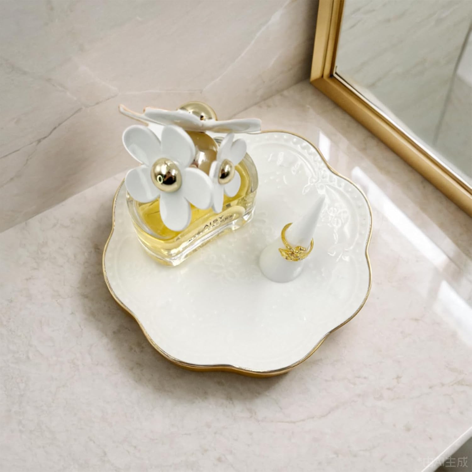 SNAIL GARDEN Ceramic Jewelry Tray with Butterfly Embossed Gold Rim, Decorative Ring Dish with Separate Holder for Rings, Earrings, Necklace - Elegant Jewelry Organizer for Dresser, Wedding Gift
