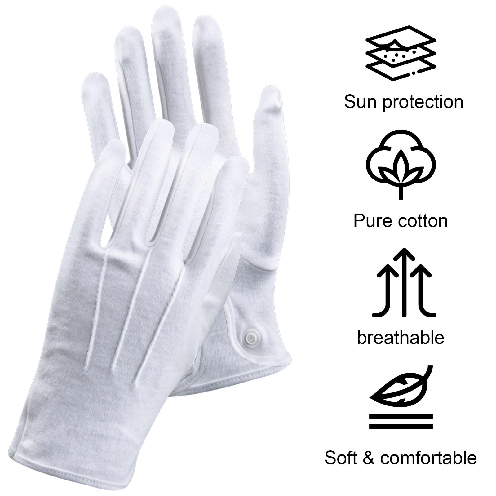 Gants Hommes Pur Coton Blanc Doux Lavables Réutilisables Fermeture Pression Accessoire Maçonnique