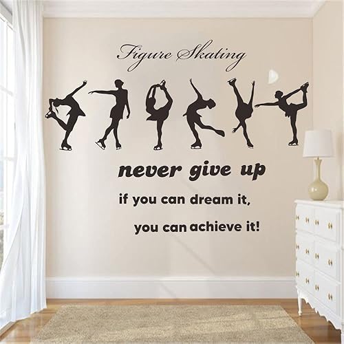 Miniatura 6 de JWH171 - Calcomanía de pared de patinaje artístico con 6 calcomanías de patinadora para niñas y cita de nunca te rindas, arte de pared de patinaje