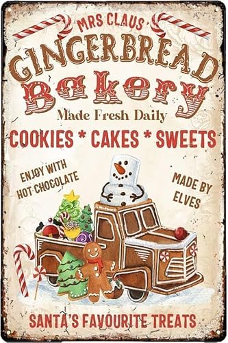 Acdoet Tin-10 Christmas Home Decor Christmas Gingerbread Bakery Sign Gingerbread Bakery Metal Aluminium Sign Home Decor Farmhouse Christmas Decor Signs, Porch Christmas Decor 8X12 Inch