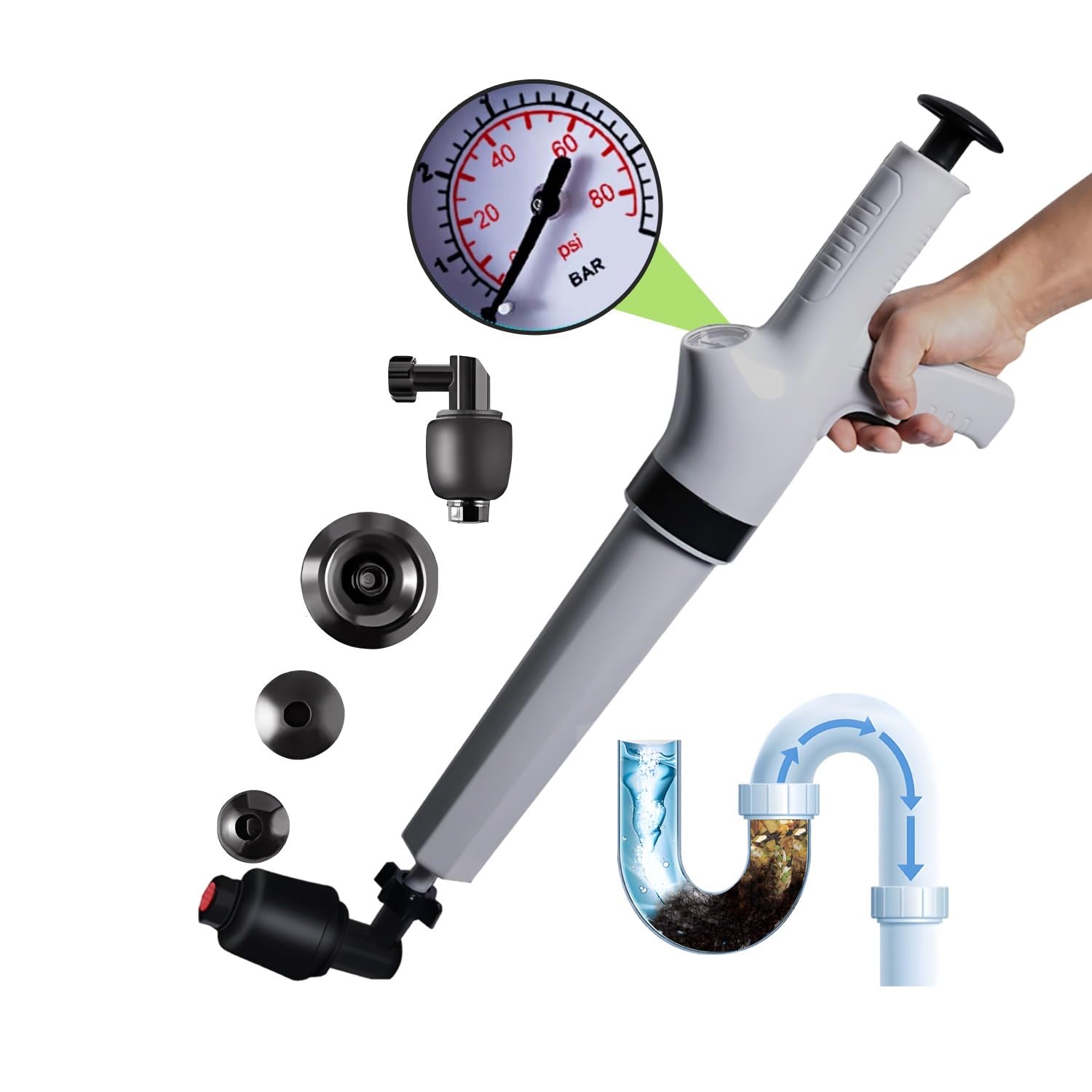 Sturalavandini a Pressione Pompa Stura Scarichi a Pressione Stantuffo Stura WC ad Aria Compressa con 4 Teste Sostituibili, Barometro, per Cucina, Vasca da Bagno, Bagno