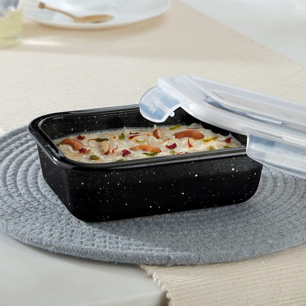 Borosil 640 ml Pebble Black Food Storage Container with Air Tight Lid | Rectangle Shape Borosilicate Glass Organiser | Microwave & Dishwasher Safe | For Fridge, Kitchen Storage