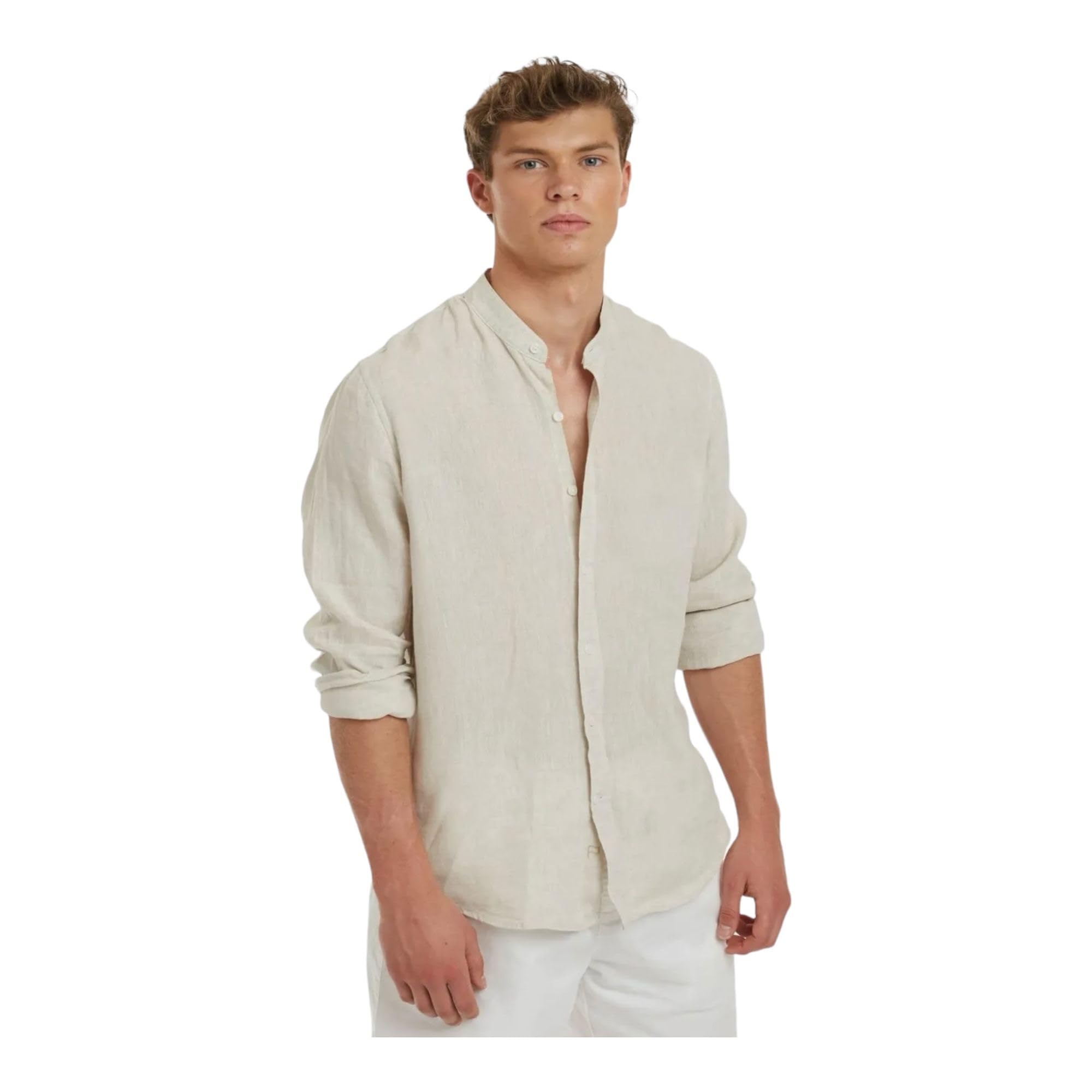 Genérico Camisa Hombre Camisa de Lino Camisa de Verano Camisa de Playa Negro Blanco Rosa Manga Larga Color sólido Cuello Hawaiano Festivos Ropa