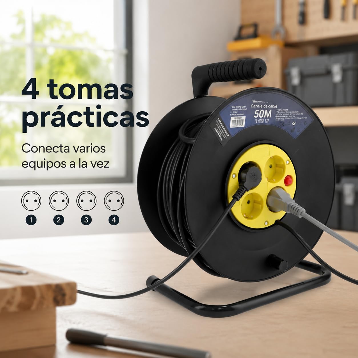 M mimotec - Zewnętrzny zwijacz kabla 50 m 4 gniazda 3200W 16A | Kabel H05VV-F 3G1,5 mm² | Ochrona dzieci | Przedłużacz elektryczny do ogrodu, garażu i warsztatu
