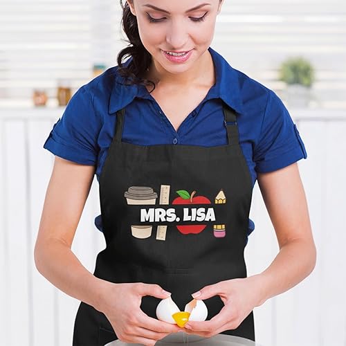 Miniatura 5 de shop4ever Delantal personalizado con nombre de profesor de café, manzana, con bolsillos, regalo personalizable para profesores de arte, niños, Negro