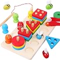 SHINETOY ENTERTAIN KIDS Wooden Shape Sorter and Fishing Game, 26 Pieces Educational Toy Set, Geometric Stacking Blocks w