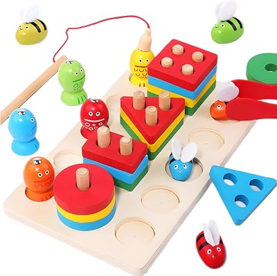 SHINETOY ENTERTAIN KIDS Wooden Shape Sorter and Fishing Game, 26 Pieces Educational Toy Set, Geometric Stacking Blocks w