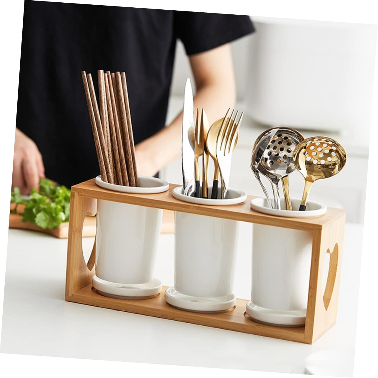 OUNONA Ceramic Chopsticks Holder Set Bamboo Rack Multifunctional Utensil Organizer for Kitchen 3-Compartment Cutlery Storage Draining Design for Home Use