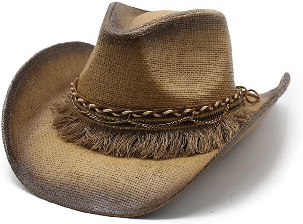 Western Cowboy Hat with Fringe Band and Chain Detail, Brown Distressed, Wide Brim
