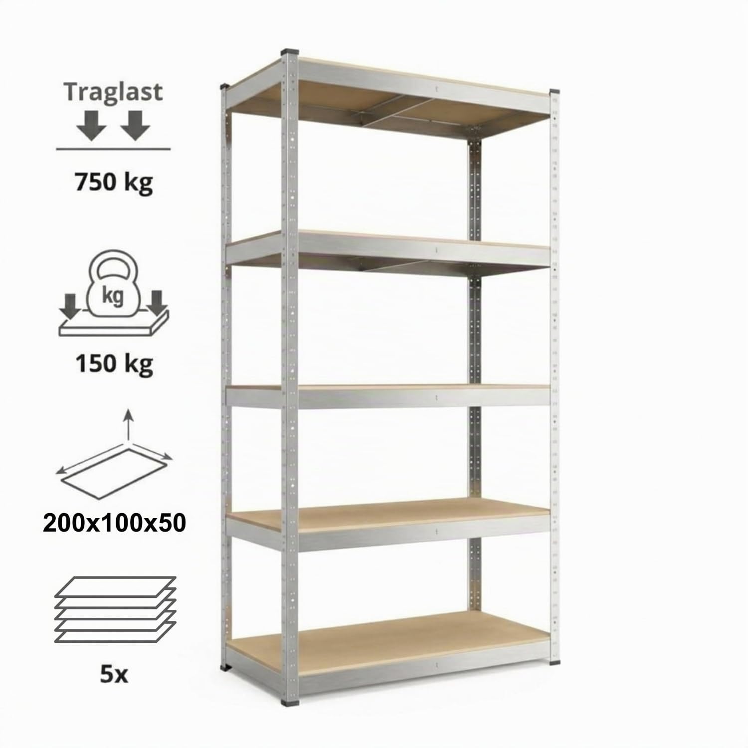 Schwerlastregal 750 kg Tragkraft, 200x100x50 cm, Steckregal mit 5 MDF-Böden, Metallregal, Garagenregal oder Lagerregal, Kellerregal, Lastenregal, Werkstattregal Verzinkt