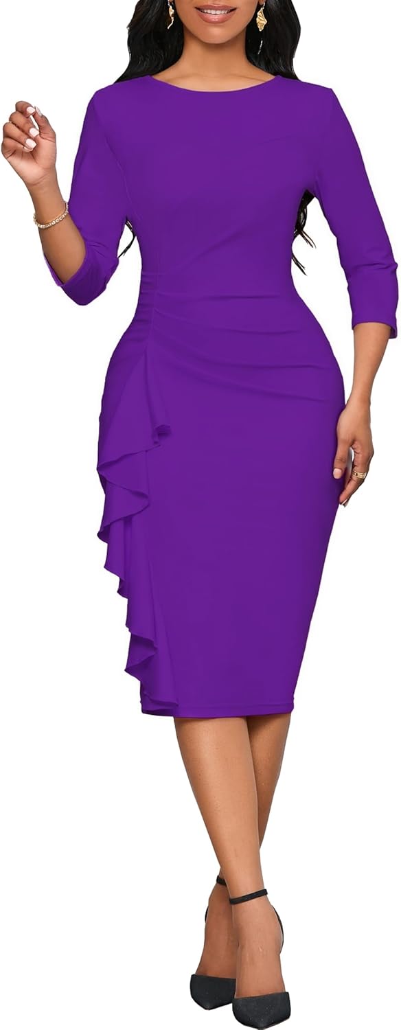 Dresses for Women 3/4 Sleeve Bodycon Ruffle Vintage Wear to Work Pencil Midi Dress