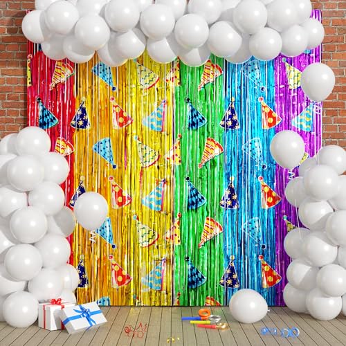 Image of Rainbow Balloon Garland Arch Kit Birthday Party Decorations, White Balloons Rainbow Cloud Foil Fringe Curtains Backdrop Colorful Tinsel Streamer Photo Booth Props Party Decor Supplies