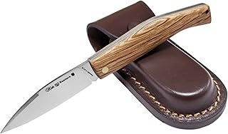 MIGUEL NIETO Navaja Ventura 080-ENF, con hoja de 8 cm. en acero inoxidable Vanadio 1.4116 y empuñadura en Madera de Encina, Hueco con cordón fiador, Con Funda de Cuero color marrón