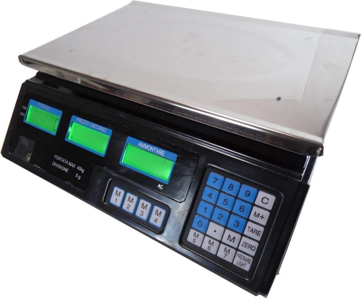 Bilancia Digitale Professionale Elettronica da Cucina Pesa alimenti Da Banco da 5Gr a 40 KG Pesa Pacchi Cassette Frutta Memoria prezzi Tasto Tara Batteria Ricaricabile Portatile a LED