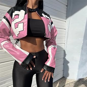 VOIKERDR Leather Jacket Cropped Jacket Motorcycle Jacket Y2K Letter Bomber Jacket Women Faux Leather Jacket Streetwear