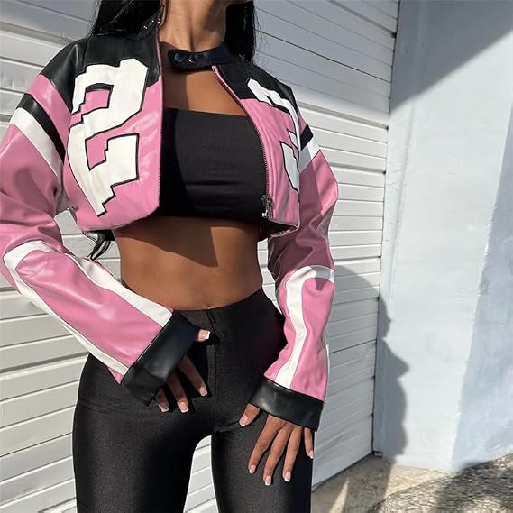 VOIKERDR Leather Jacket Cropped Jacket Motorcycle Jacket Y2K Letter Bomber Jacket Women Faux Leather Jacket Streetwear