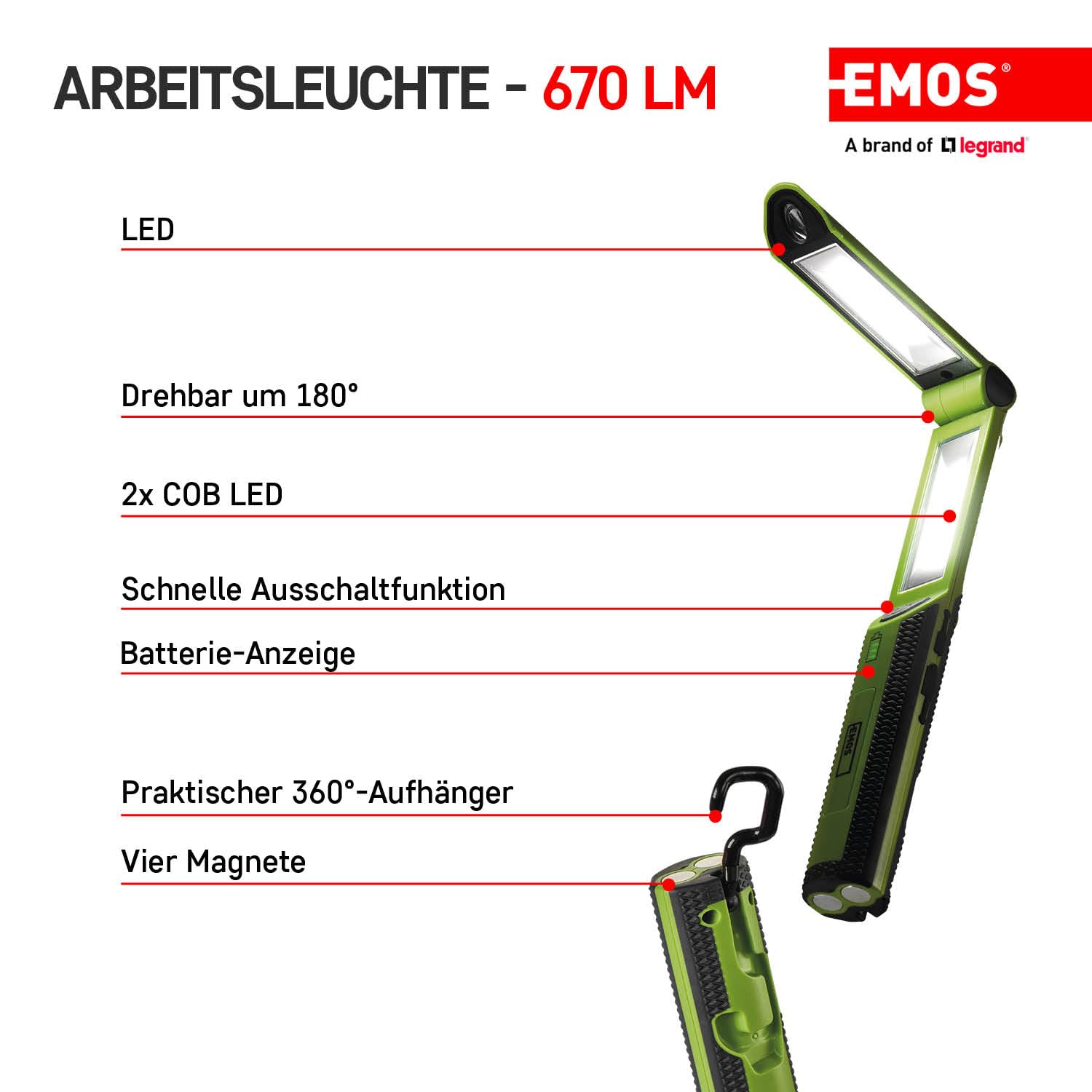 EMOS - aufladbare LED-Arbeitsleuchte ausklappbar mit Powerbank - 670lm, max. 40 m - 3 Leuchtmodi - 10 Stunden - USB-Kabel - für Hobbybastler und Außenbereich - grün-schwarz