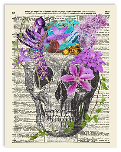 Skull, Skeleton Anatomy Vintage Dictionary Art Print, Modern Contemporary Wall Art for Home Decor, Boho Poster Sign 8x10 Inches, Unframed (Skull with Flowers & Crystals)