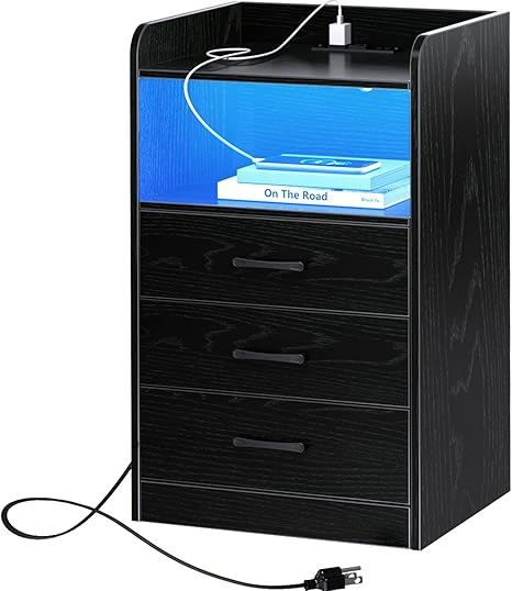 SUPERJARE Nightstand with LED Strip Lights and Charging Station – 3 Drawers Bed room Finish Desk, 2 USB Ports, 2 Retailers, Mattress Aspect Desk with Distant, Open Storage, Steel Handles – Black