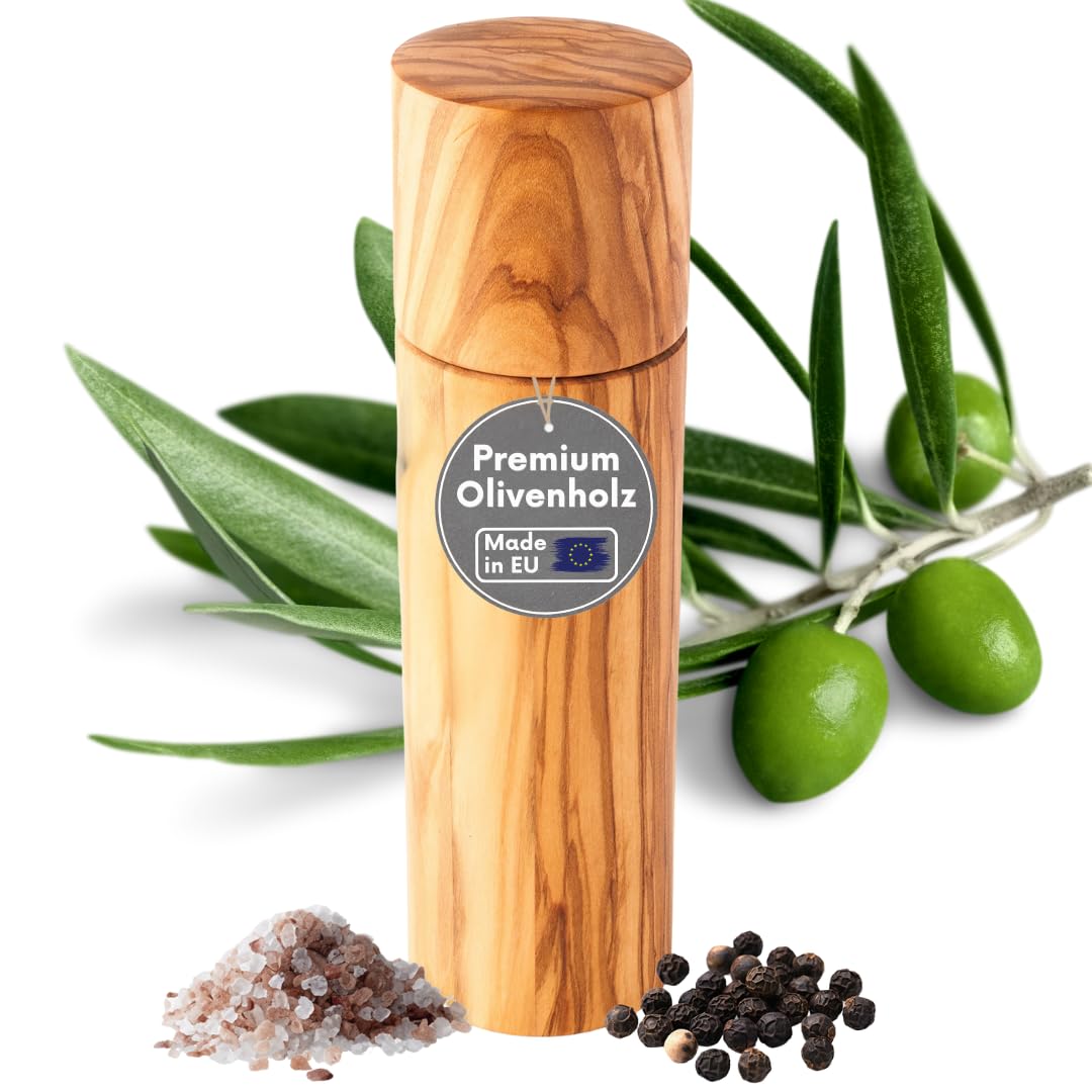 Macinasale o pepe di alta qualità, in legno d'ulivo, 20 cm, prodotto in UE, macina in ceramica, macinaspezie di alta qualità, design elegante, robusto, sostenibile