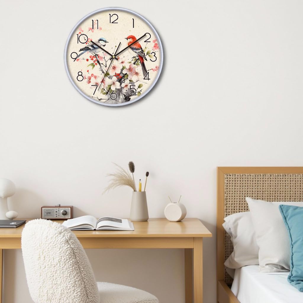 NUOVO 16 Zoll Dekorative Wanduhr mit Vögeln und Kirschblüten, 30 cm, Vintage-Design, Dekorative Uhr für Küche/Schlafzimmer/Wohnzimmer/Büro