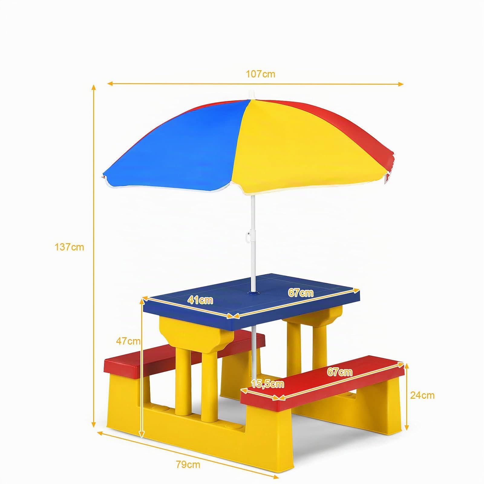 GIANTEX Juego de Muebles de Picnic para Niños, Mesa y Sillas Infantiles con Parasol Plegable, para Dibujar, Comer y Jugar, Conjunto de Mesa y Bancos para Niños Mayores de 3 Años (Amarillo+Rojo)