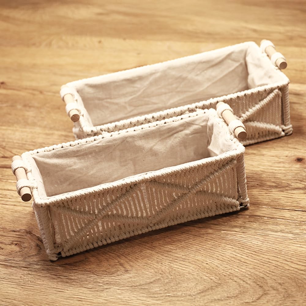 Cesto portaoggetti rettangolare, intrecciato, con inserto in tessuto, bianco, set da 2 pezzi