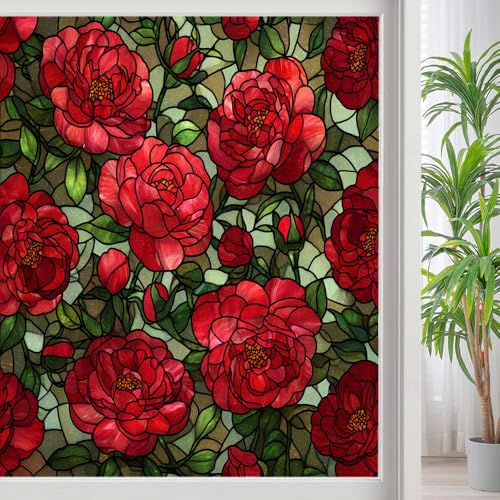 Colored Mosaic Flowers Stained Glass Window Film, Rustic Rose Leaves