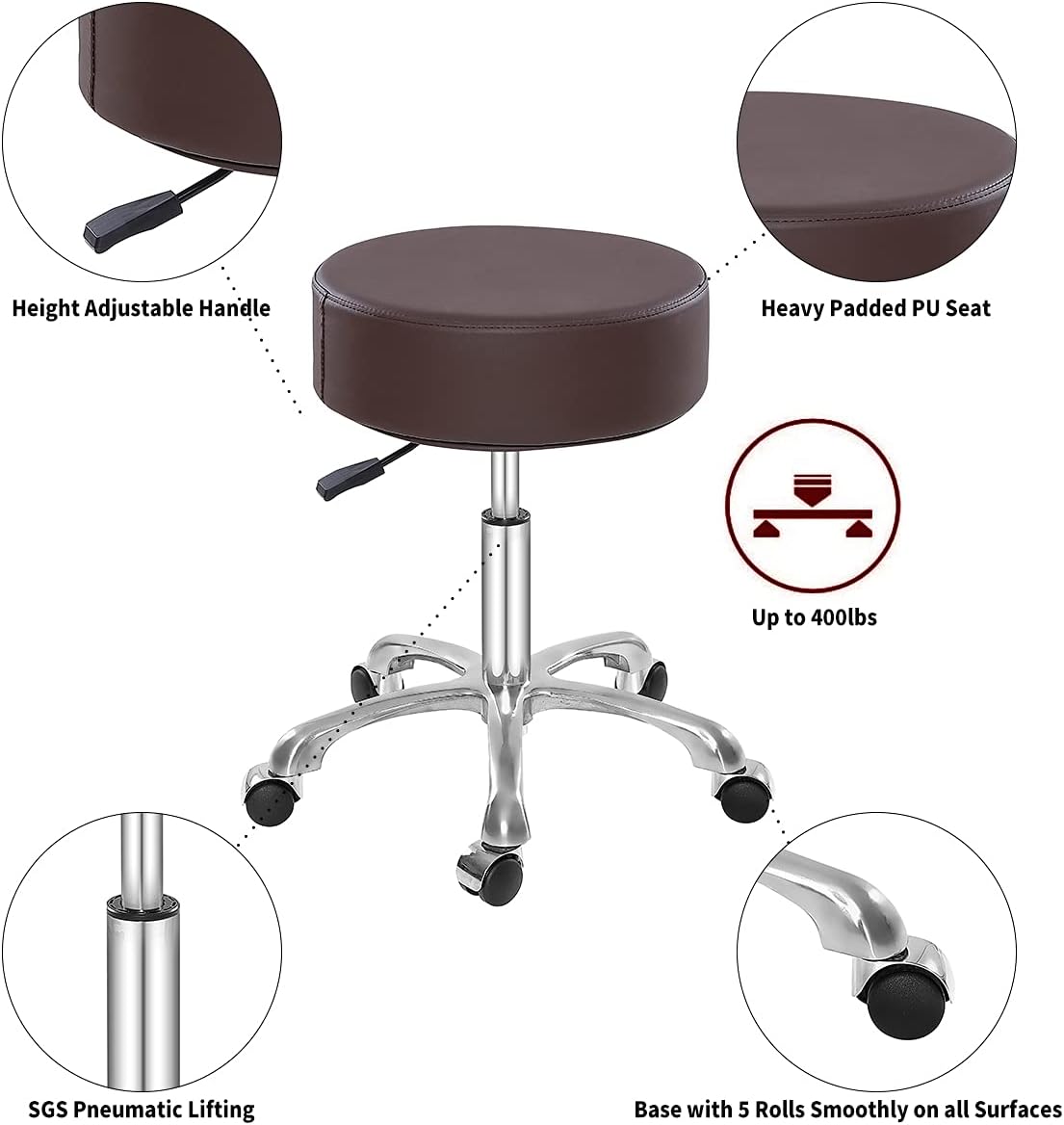 Thick Padding Swivel Rolling Stool,Adjustable Hydraulic Chair with Wheels for Medical Spa,Massage Salon,Home,Office ,Clinic,Esthetician Artist Studio,Tattoo,Kitchen(Brown) : Beauty & Personal Care