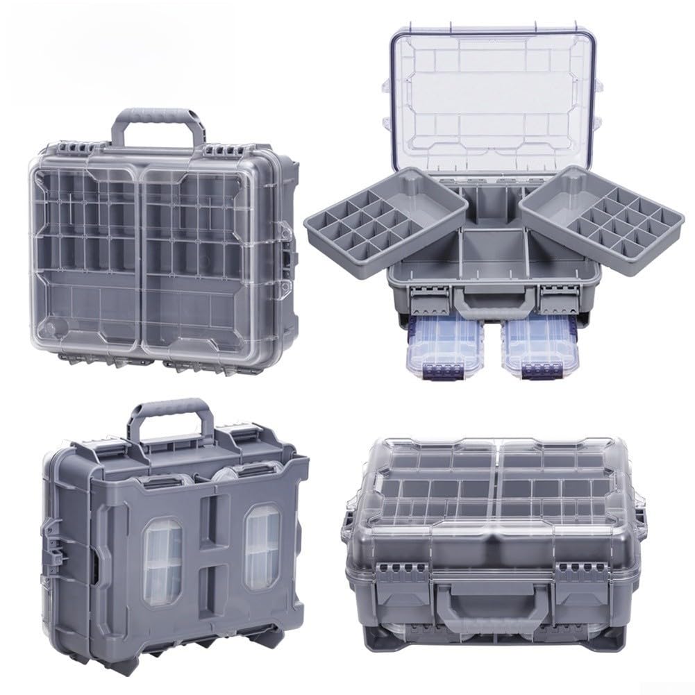 Zoegneer Grande scatola portatile impermeabile a doppio strato per attrezzatura da pesca con scomparti regolabili per riporre in ordine esche ami e accessori, grigio (grigio)