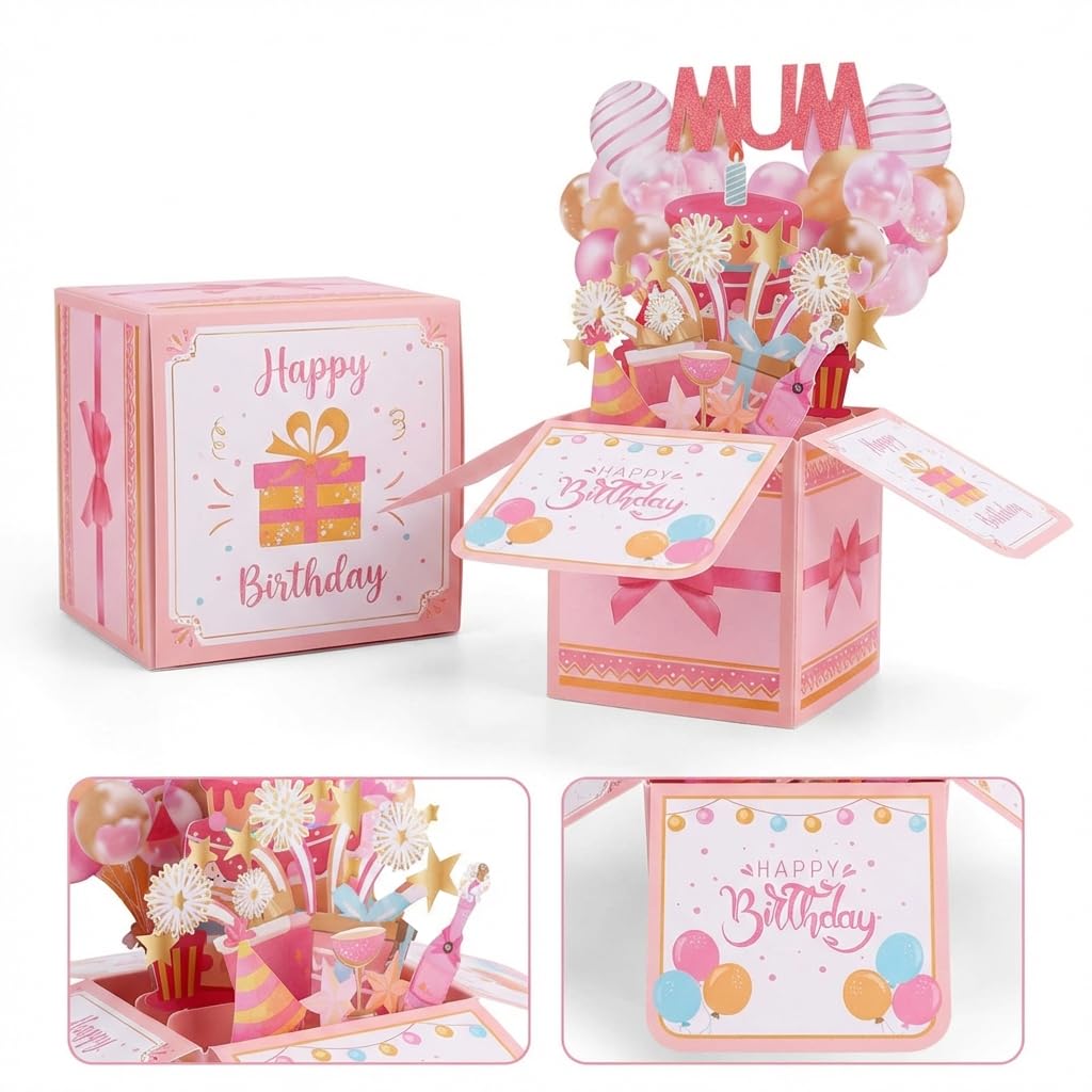 3D Pop Up Mum Birthday Card - Pink Luxury Pop-up Flower Box Greeting Card for Mummy Mother Mom - Handmade Birthday Gifts for Women from Daughter Son Includes Envelope & Note Card (Mum)