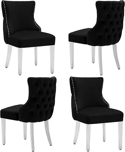 Miniatura 17 de Juego de 2 sillas de comedor de terciopelo, sillas de comedor tapizadas con respaldo copetudo, lujosas sillas de comedor con patas de acero