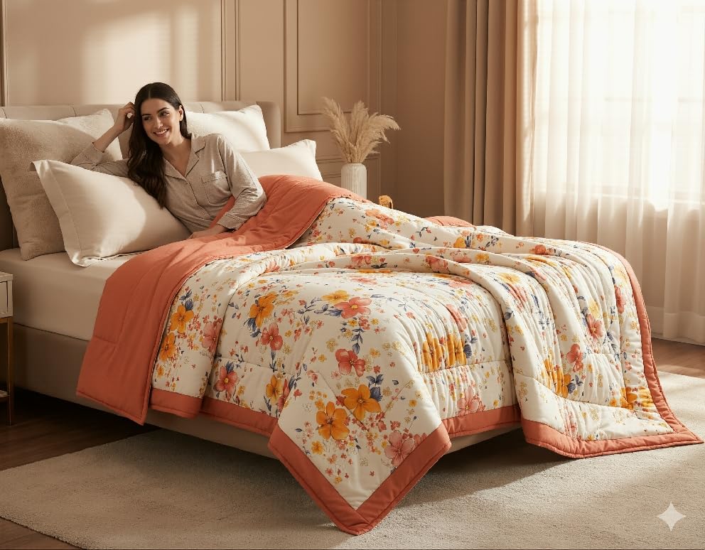 Fallalen Reversible Double Bed Dohar Quilt Comforter Blanket Lightweight All Weather (Multicolor Floral03)-image-44