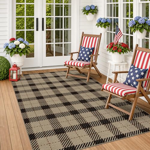 Easy Jute Area Rug 5x7, Washable Indoor Outdoor Plaid Rug for Living Room, Patio, Entryway, Bedroom, Farmhouse Non Slip Black & Tan Rug