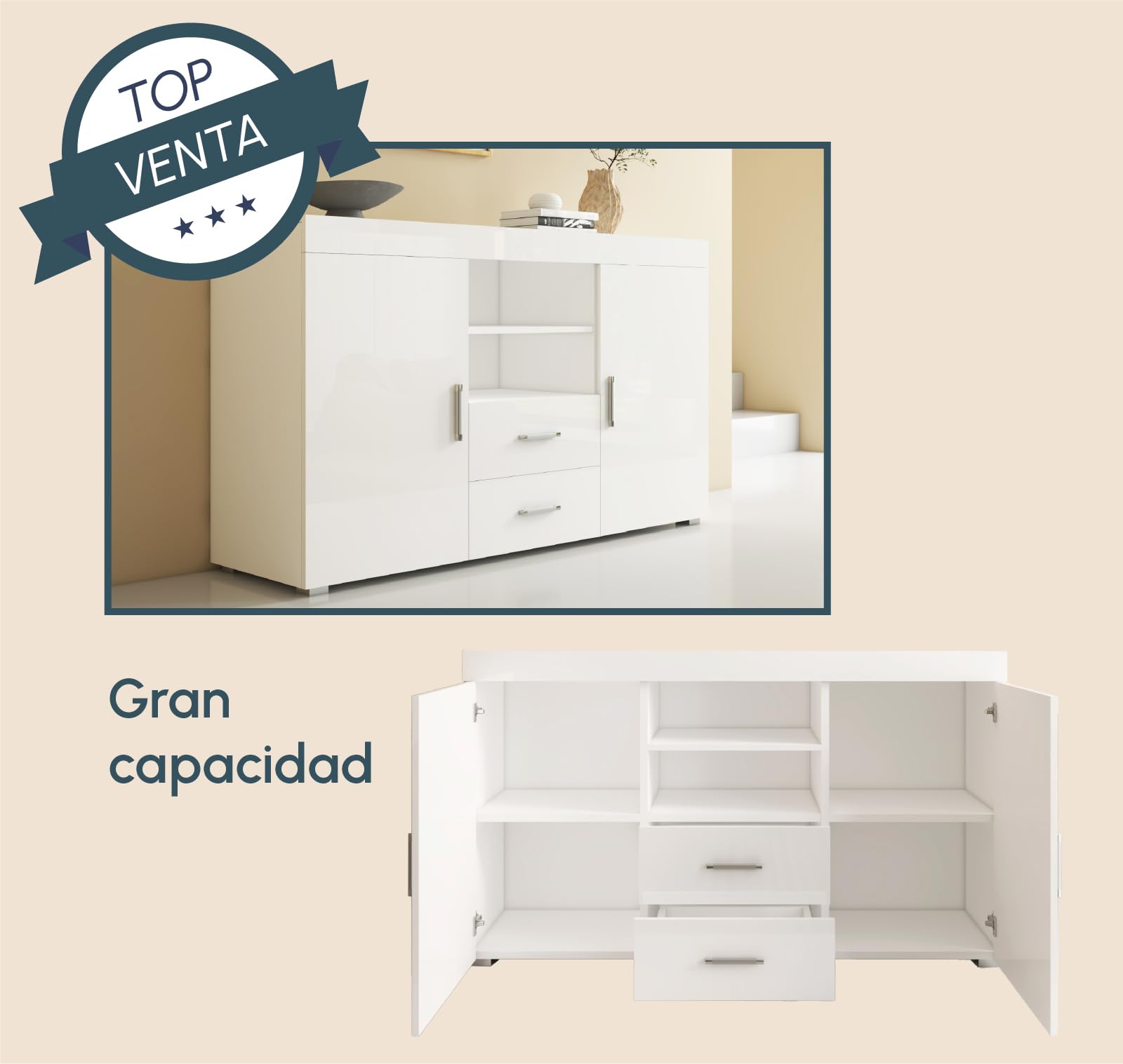 MB Muebles Bonitos | Aparador Roque | Mueble Auxiliar Moderno de Salón y Comedor con 2 Puertas, 2 Cajones y Estante | 140x82x40 cm | Melamina Brillo | Blanco