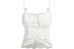 Women's Kawaii Lace Up Contrast Lace Bow Spaghetti Strap Crop Camisole Tank Top