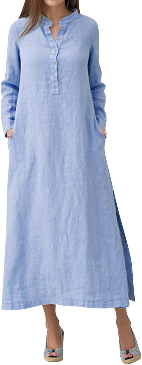 LVCBL Women Casual Long Sleeve Linen Loose Kaftan Baggy Dress Plus Size Blue M