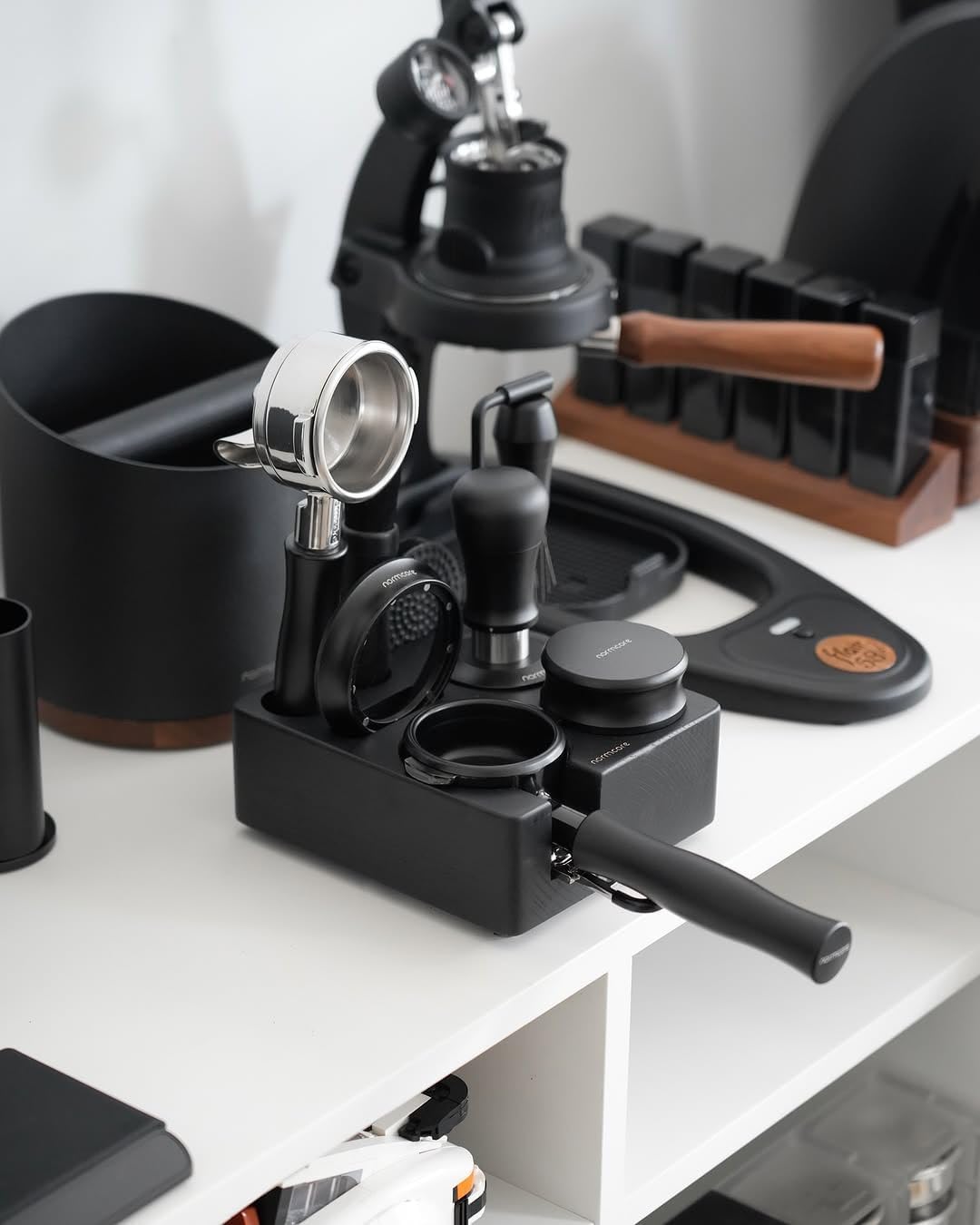 normcore espresso tamping station, genuine american black ashwood, coffee tamper, distributor, wdt, puck screen, portafilter holder stand, solid black ashwood for 58mm espresso machine accessories black 58mm