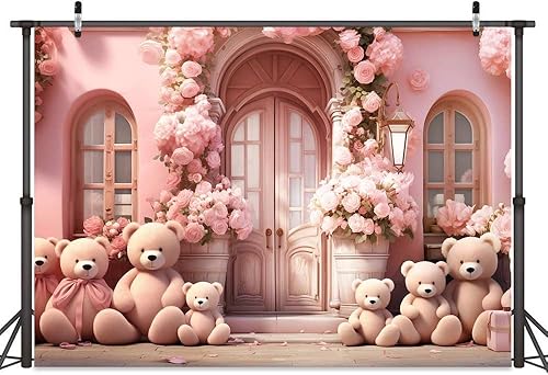 Miniatura 2 de Telón de fondo de oso rosa para puerta de arco de flores de Stree para cumpleaños, telón de fondo de poliéster de 7 x 5 pies para sesión de fotos,