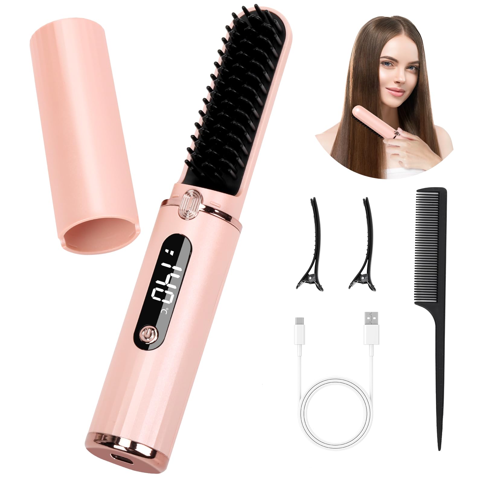 Amazon.com : Cordless Hair Straightener Brush, Portable Hot Comb