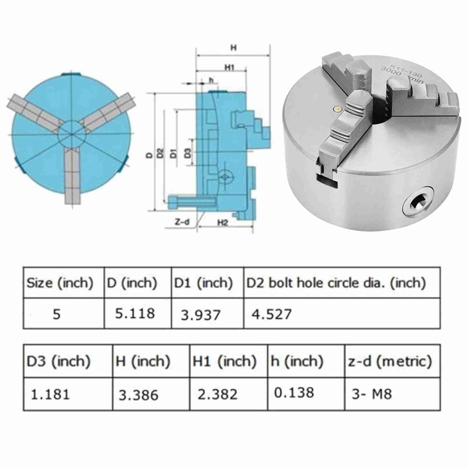 Yctze SANOU K11-130 Selbstzentrierendes 3-Backen-Drehfutter, 130 Mm Durchmesser, Metall-Drehfutter für Präzisionsbearbeitung